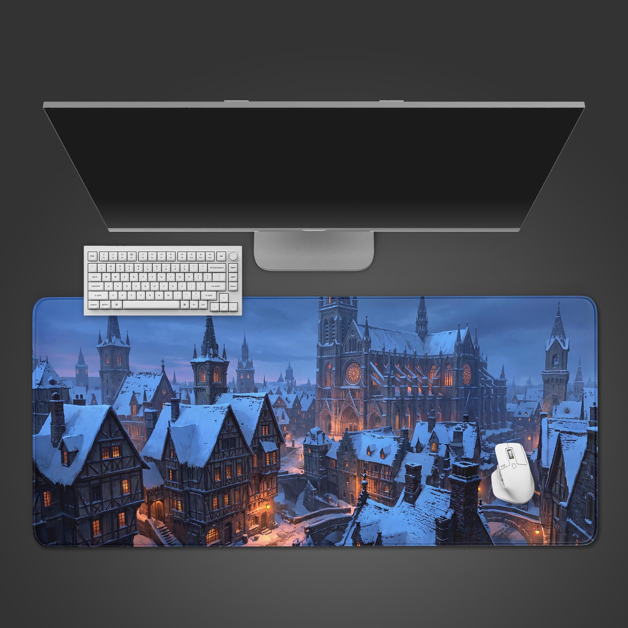 Winter Village desk mat with serene blue hour twilight design – top-down desktop view with a keyboard and mouse. - Epic Design Pads & Mousepads