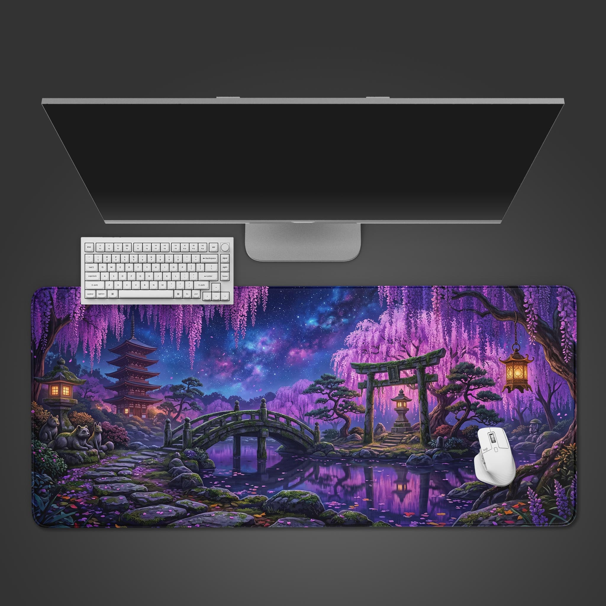 Top-down view of the Wisteria Twilight Gaming Desk Mat featuring a Japanese garden at night, shown with a white keyboard and mouse on a dark background. - Epic Design Pads & Mousepads