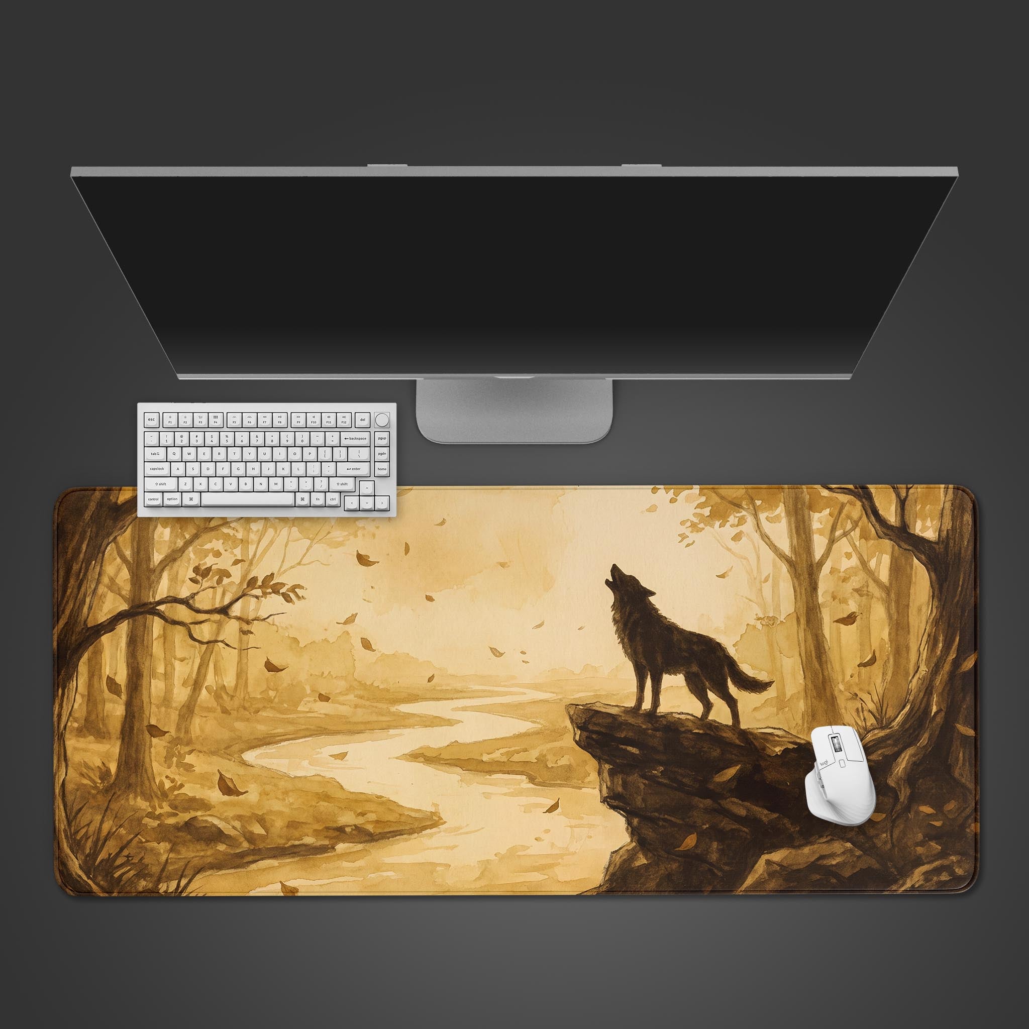 Full view of a sepia watercolor desk mat depicting a wolf howling in a serene forest landscape