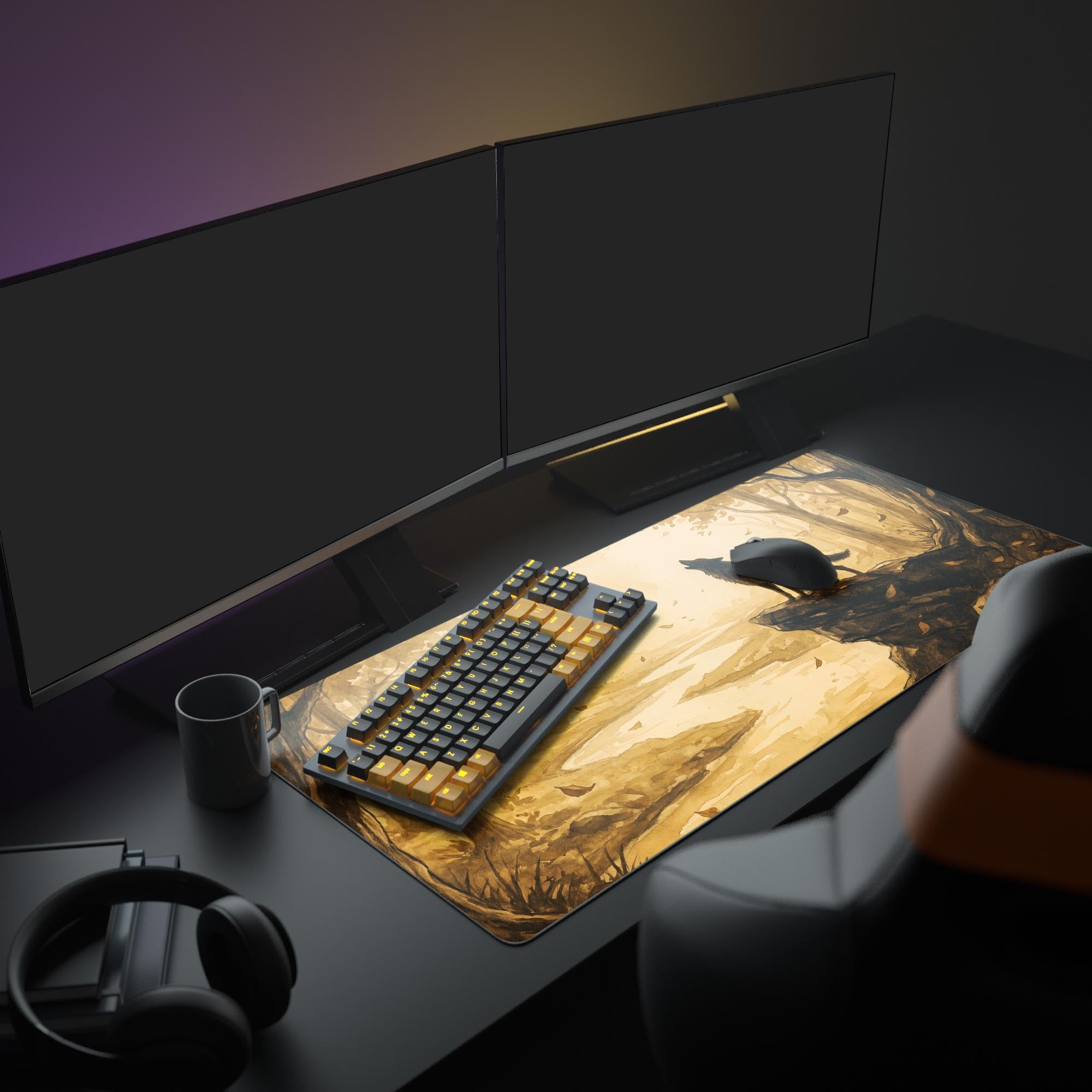 Detail view of the desk mat artwork showing a dark wolf silhouette on a rocky cliff edge