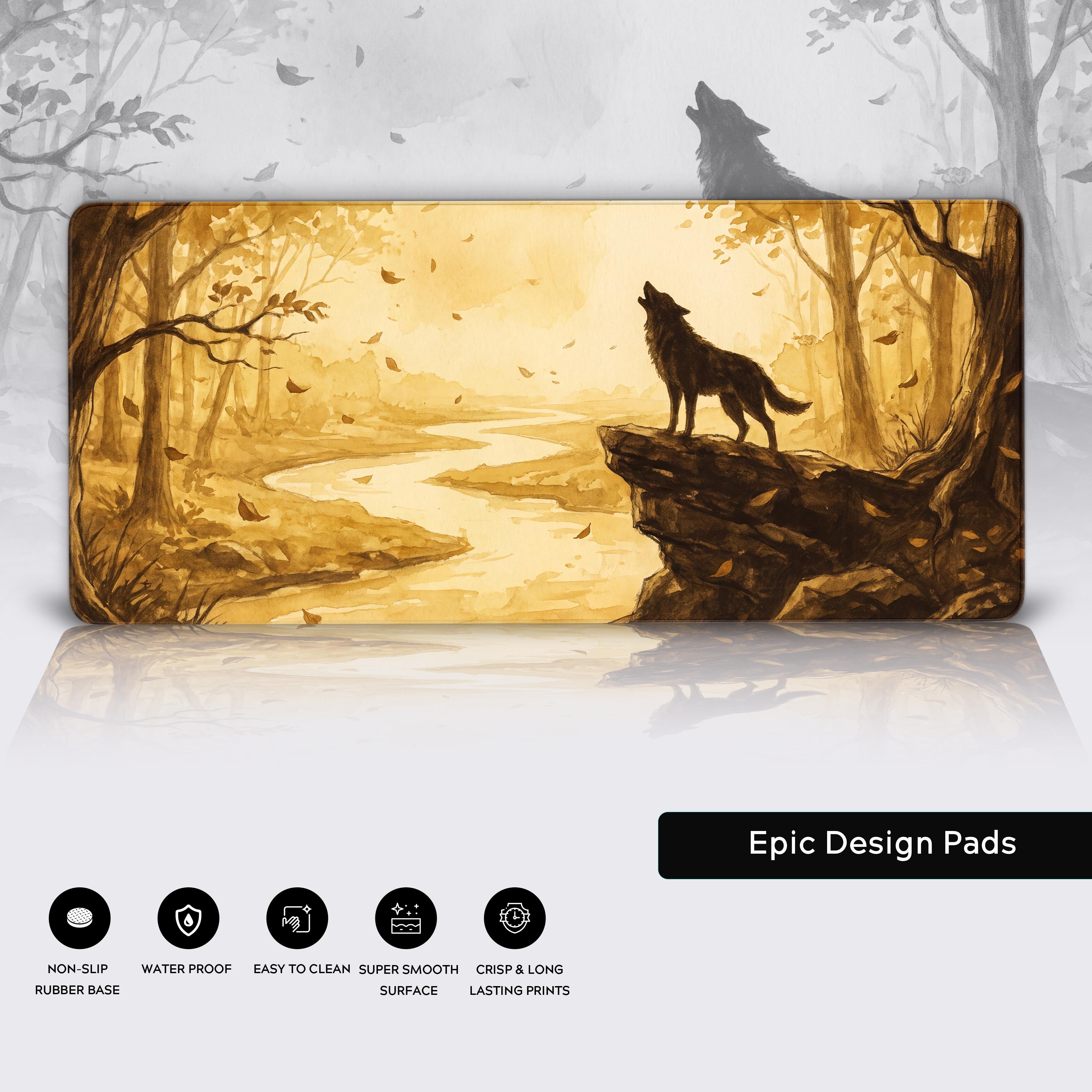 Product showcase of the wolf desk mat including feature icons and a faint reflection on a glossy surface