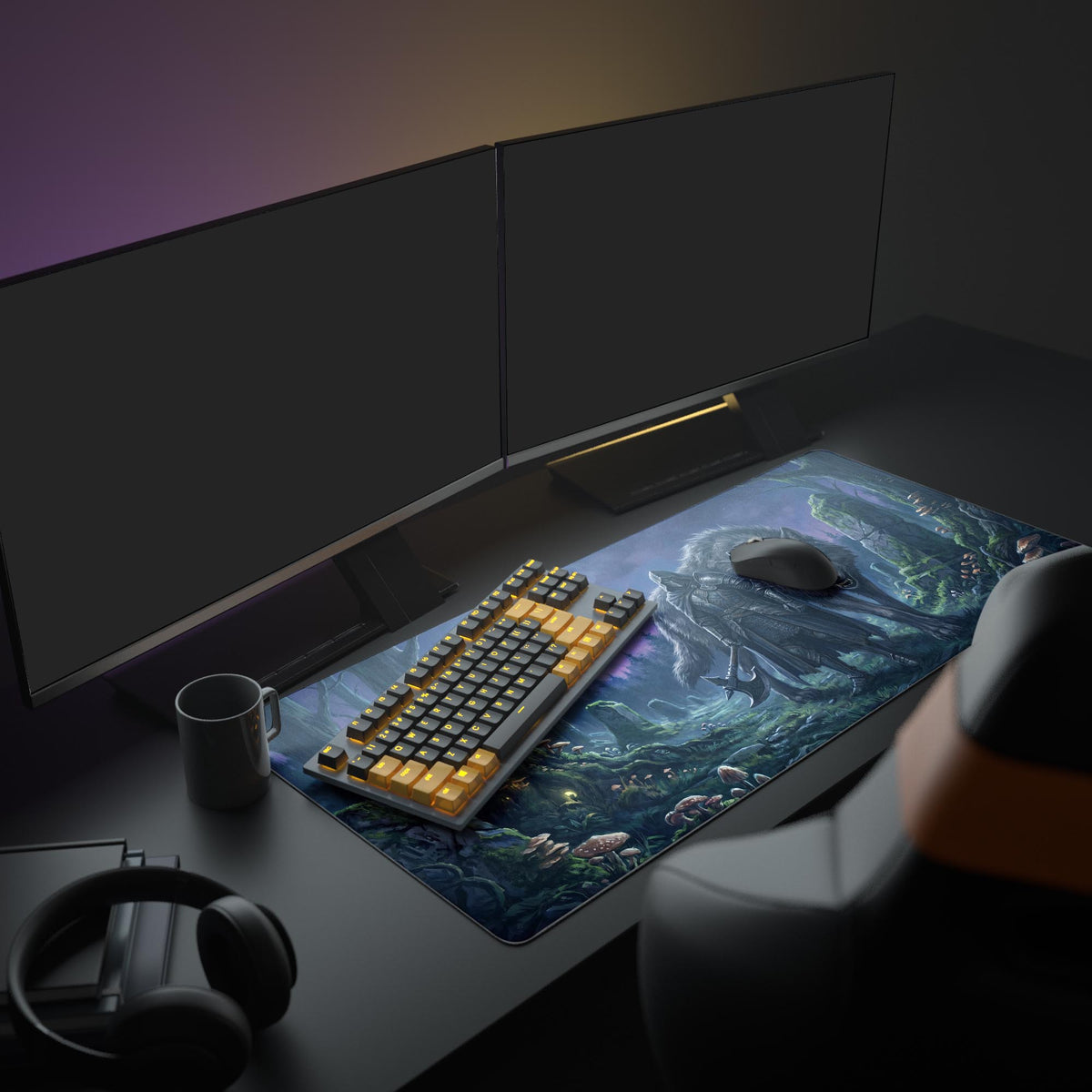 Desk mat in a dark room on a desk with two monitors, an orange-key keyboard, mouse and mug; knight and wolf in a forest