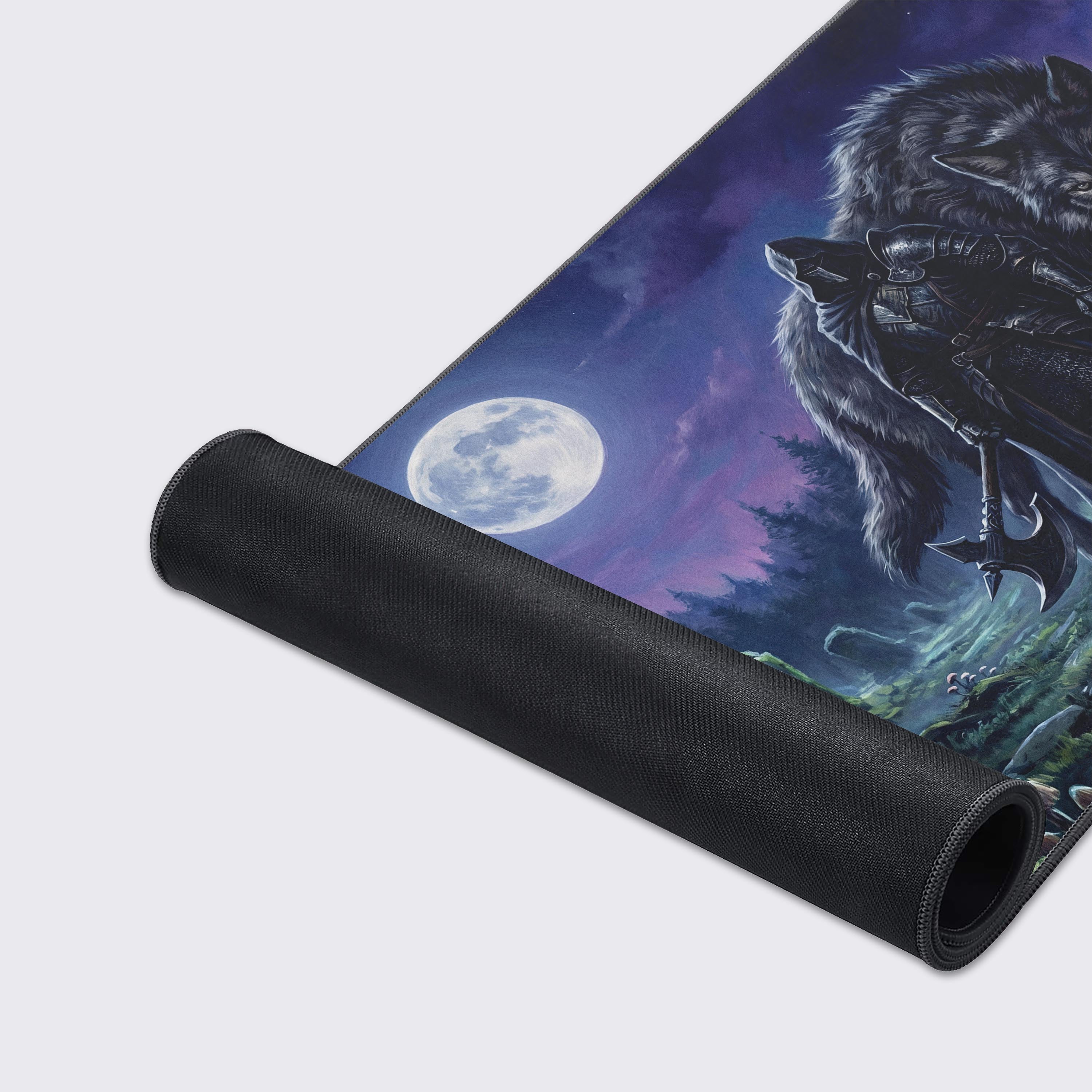 Mystical forest scene on a large gaming mouse pad with glowing mushrooms and ancient stone ruins.