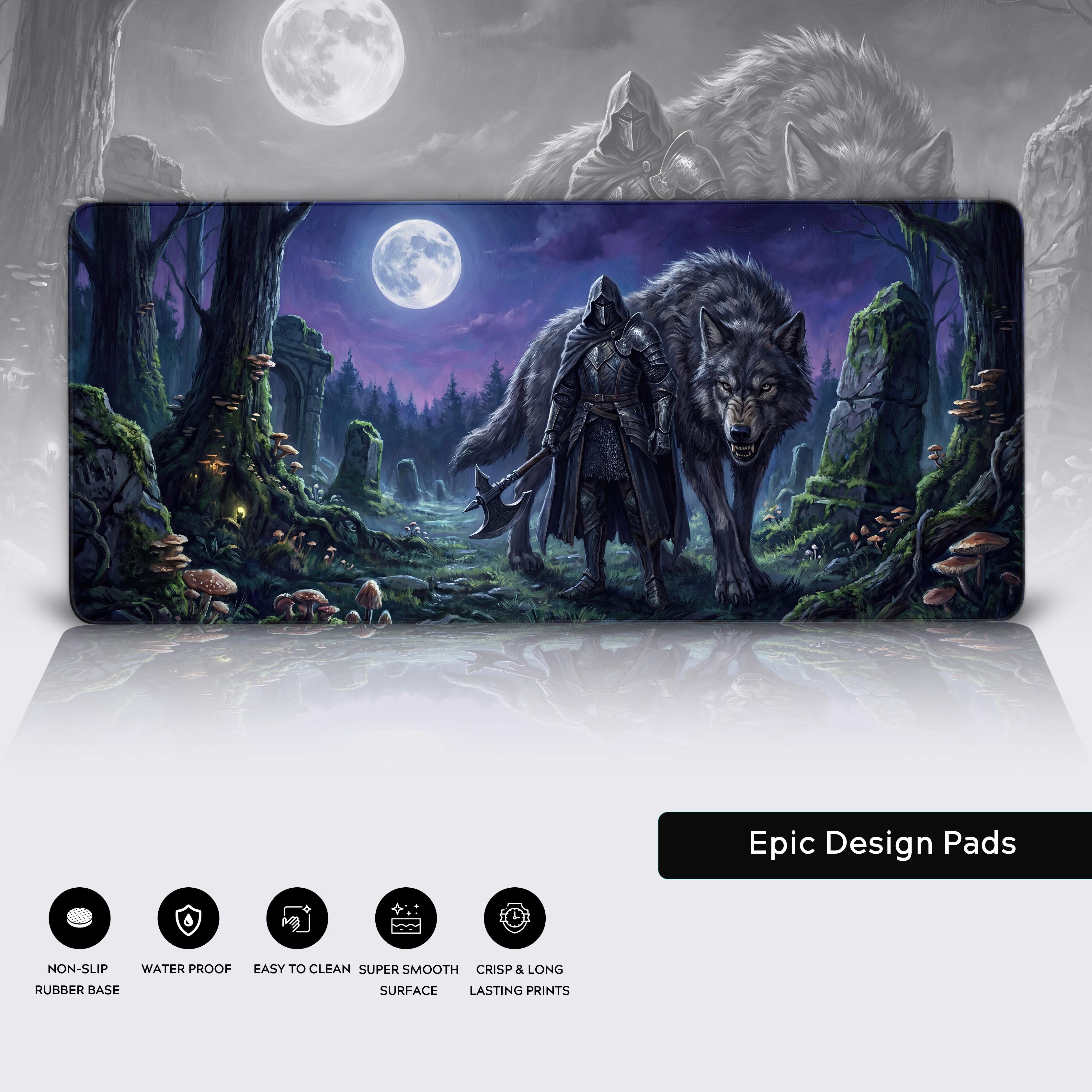 Product features of the dark fantasy desk mat highlighting non-slip base, waterproof surface, and high resolution print.