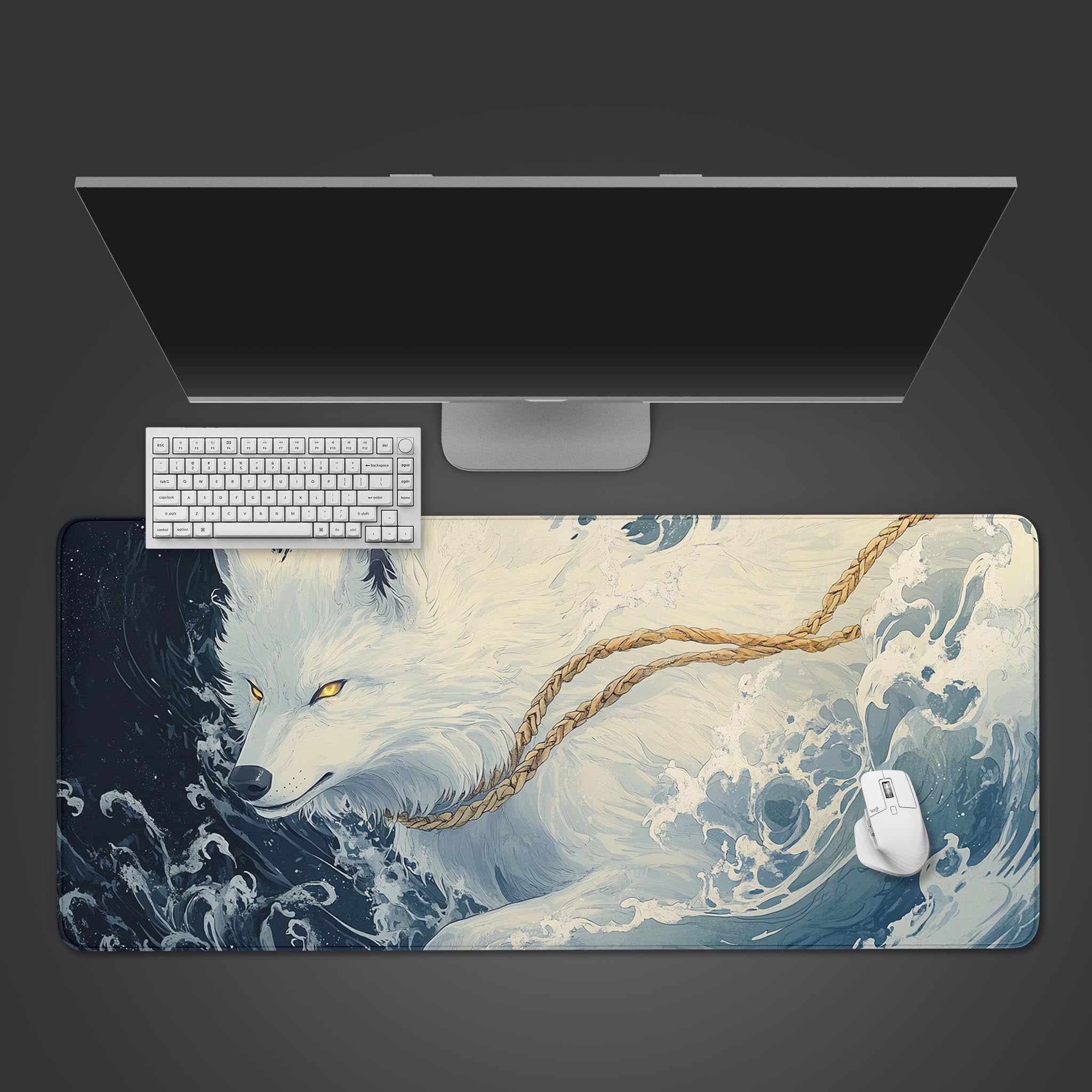 Wolf Spirit Desk Pad, Majestic White Wolf Mousepad, Fantasy Ocean