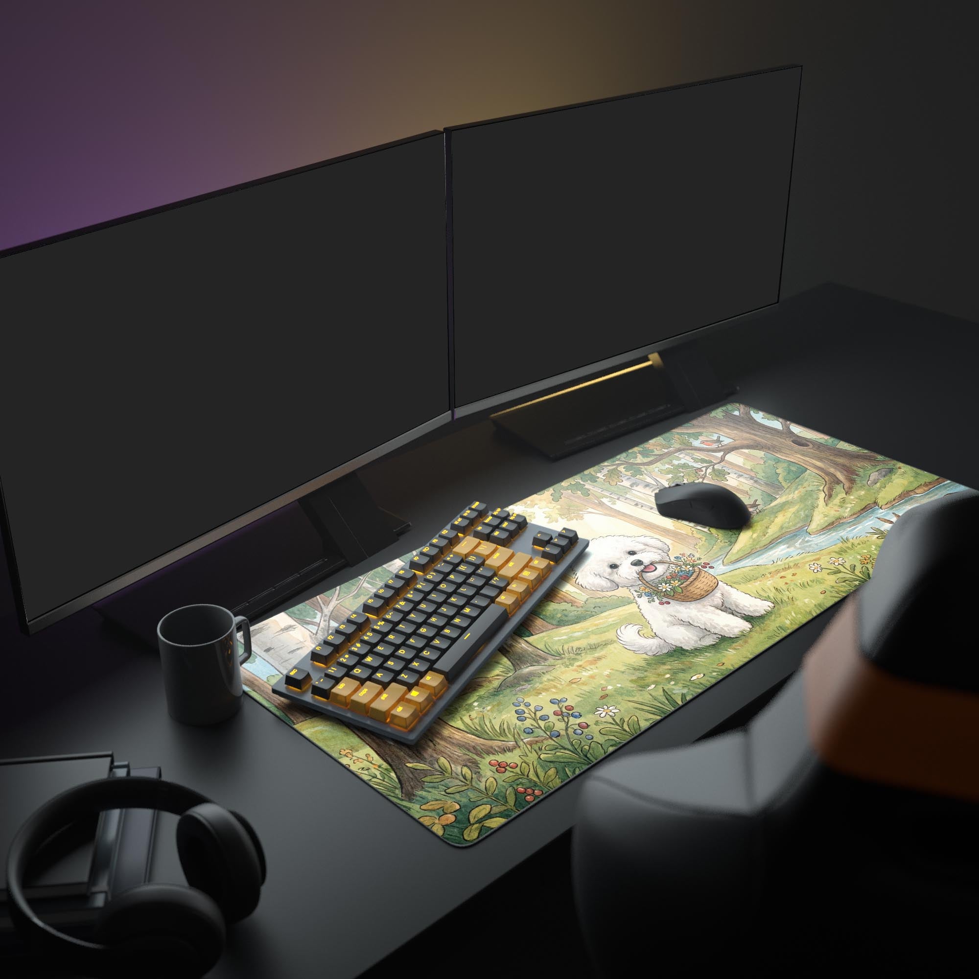 A cozy desk setup featuring the Woodland Greeting mouse pad. The watercolor dog design complements a gaming keyboard, mouse, and multiple monitors, creating a charming workspace. - Epic Design Pads & Mousepads