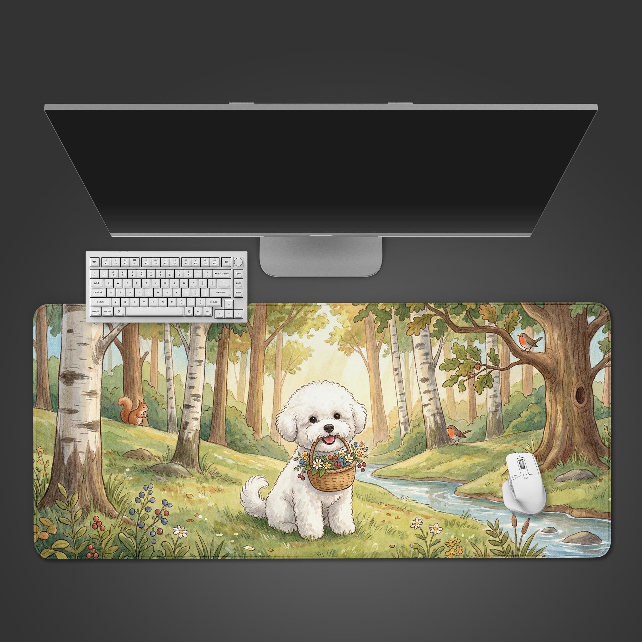 A top-down view of the Woodland Greeting gaming desk mat, featuring a cute watercolor puppy. A white keyboard and mouse are positioned on the mat below a monitor. - Epic Design Pads & Mousepads