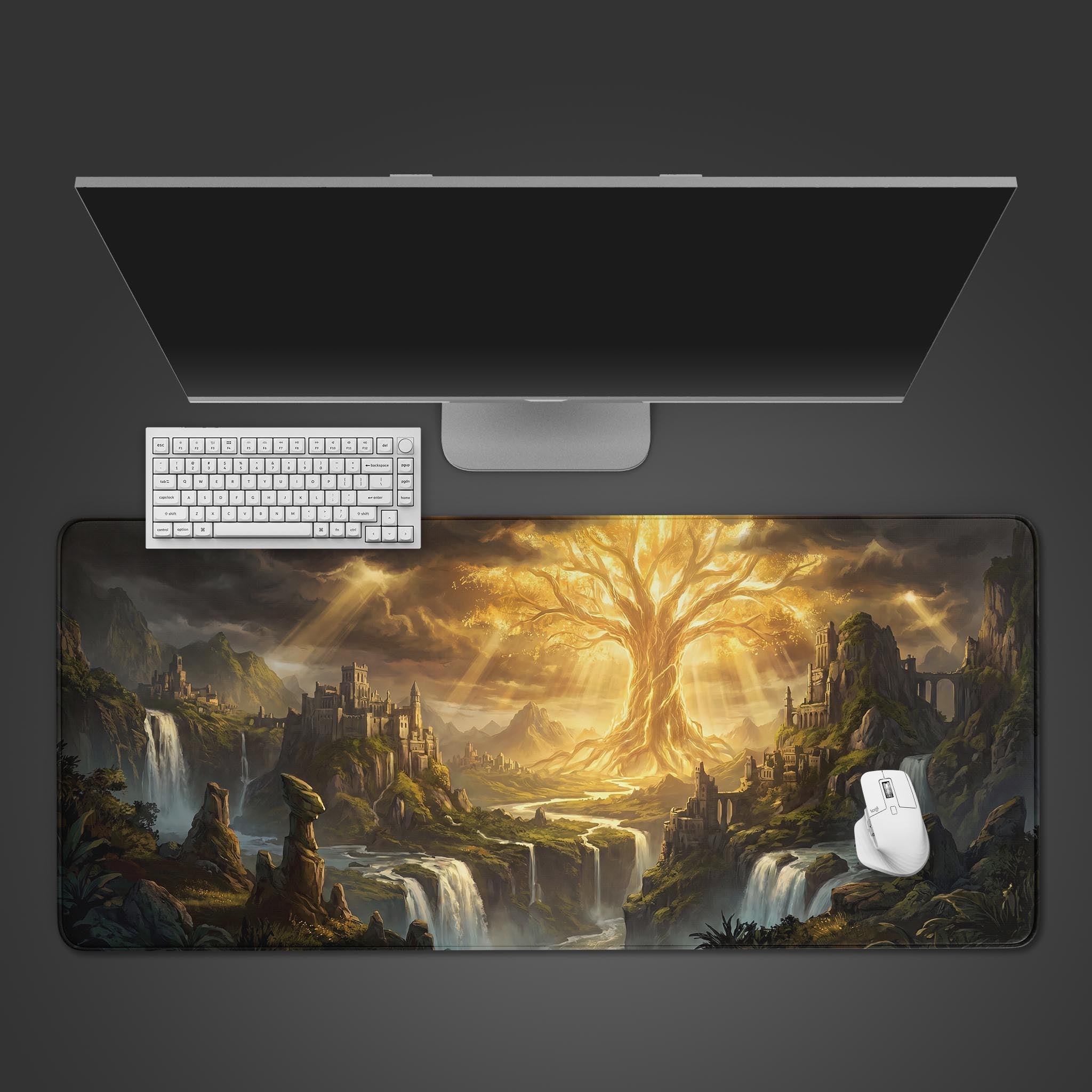 A stunning Golden World Tree fantasy desk mat featuring glowing leaves, cascading waterfalls, and ancient cliffside castles.
