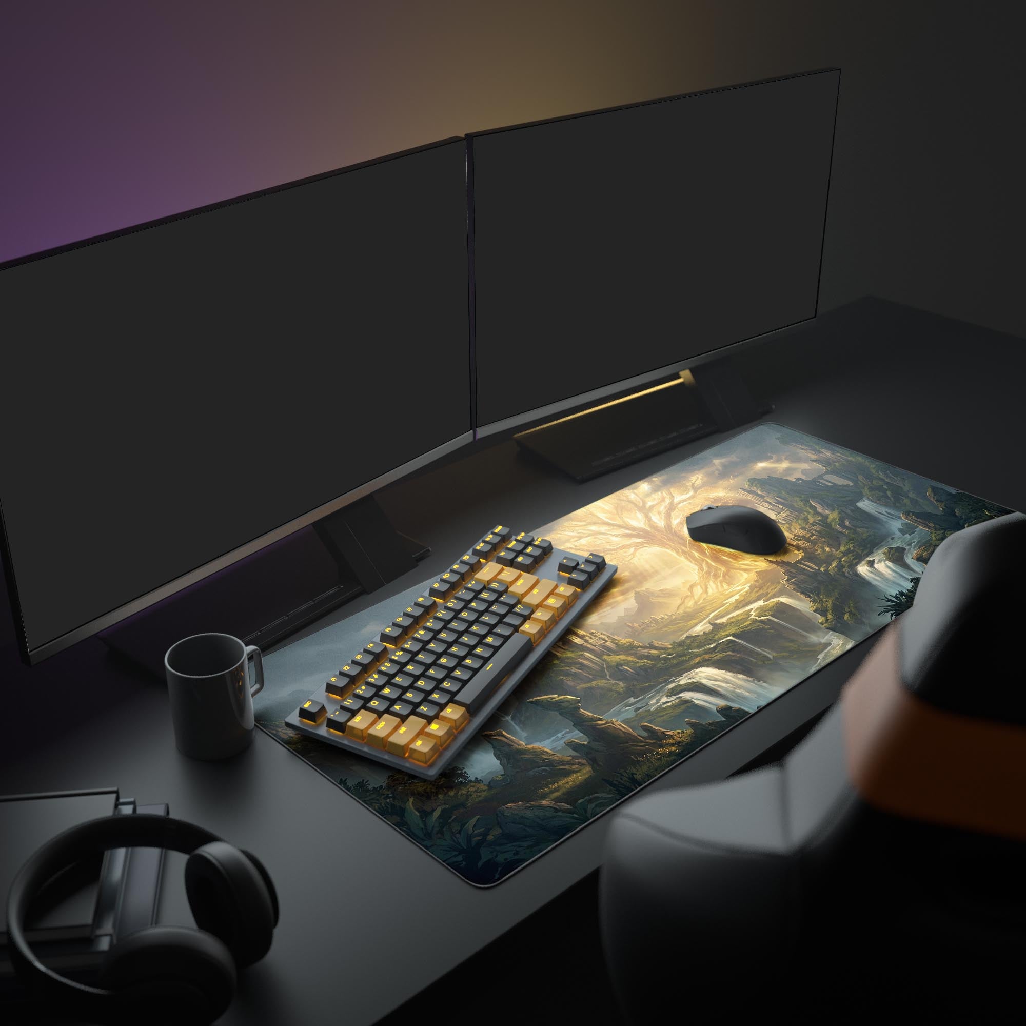 Close-up view of the desk mat artwork showing a majestic glowing tree of life and medieval fortresses nestled in rocky mountains.