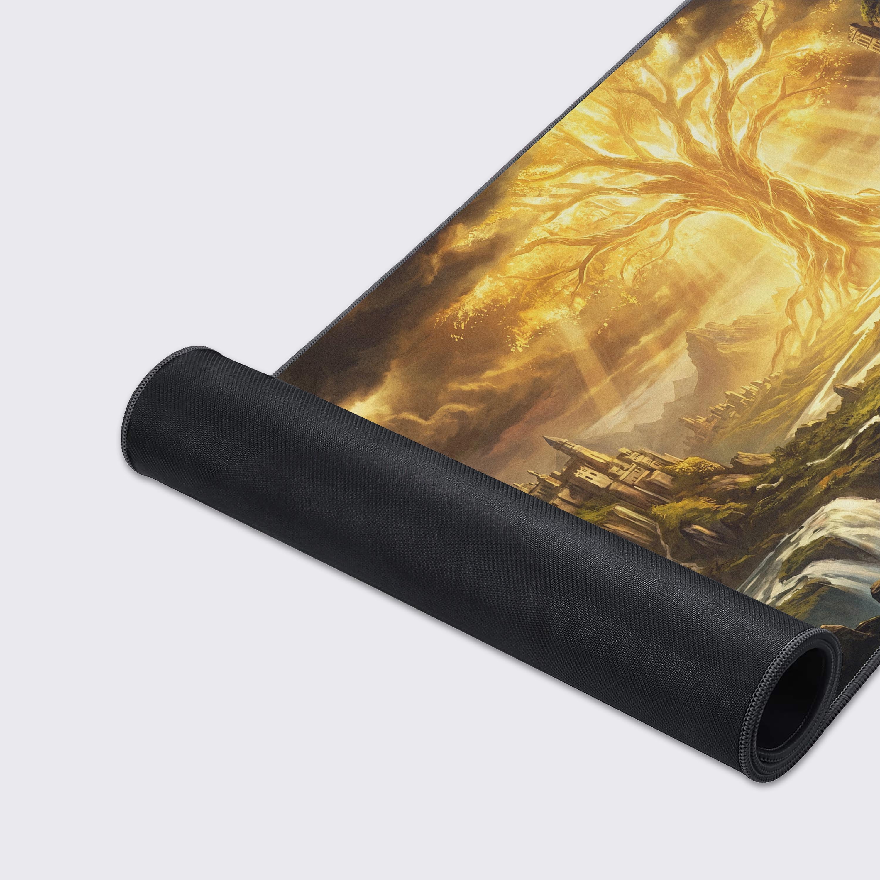 Features of the Golden World Tree mouse pad including waterproof, non-slip rubber base, and crisp long-lasting prints.