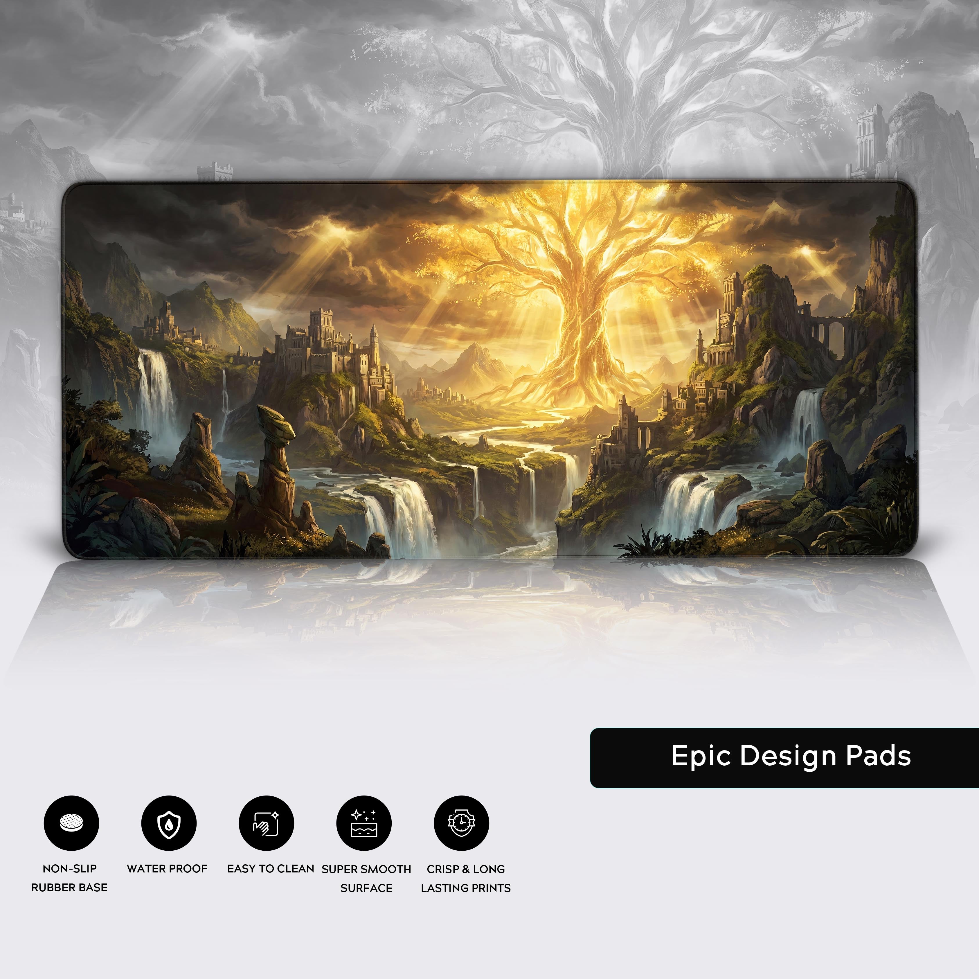 Epic high fantasy landscape artwork on a large extended gaming desk mat with golden lighting and vibrant green waterfalls.