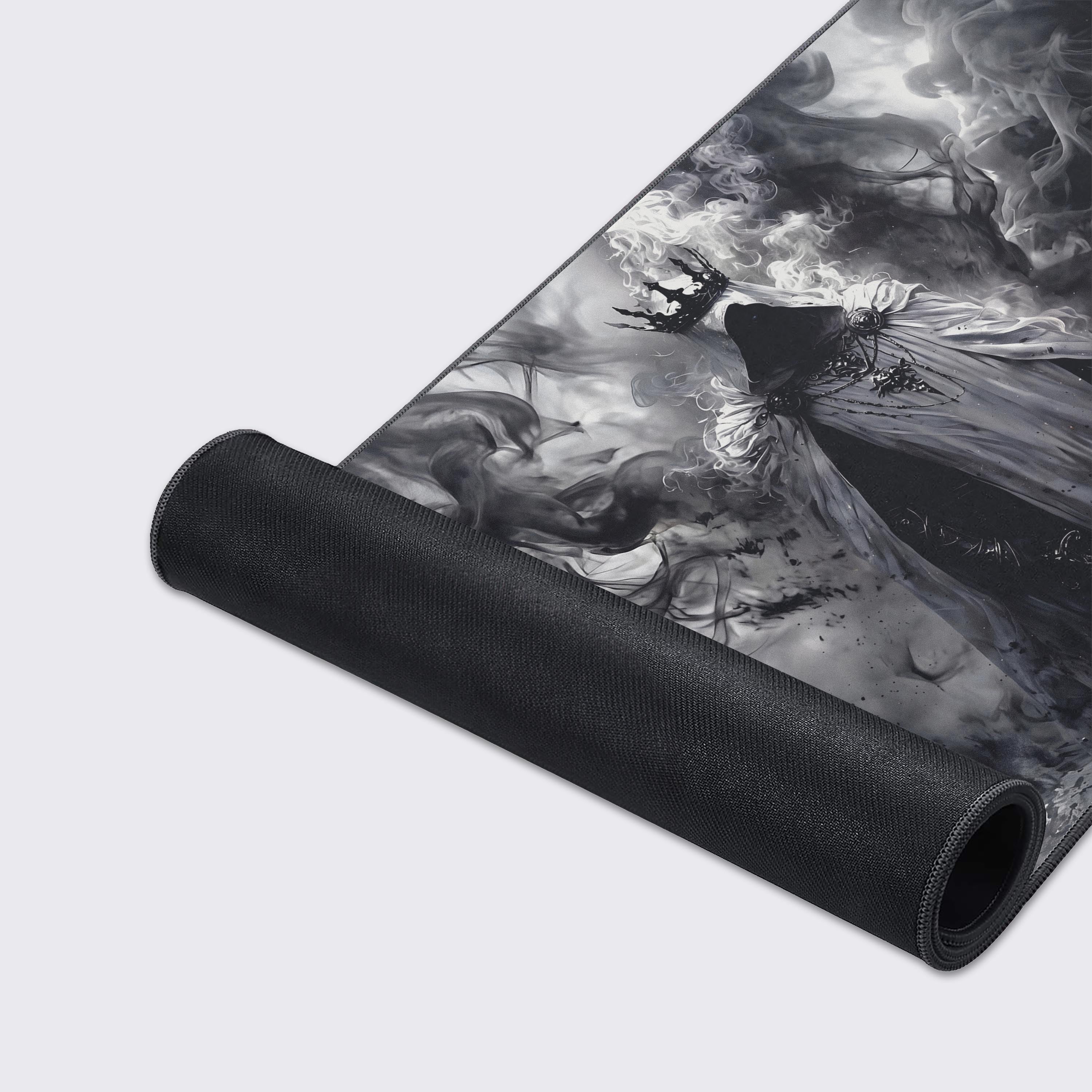 High-quality desk mat showing water-proof and non-slip rubber base features with dark fantasy aesthetic.