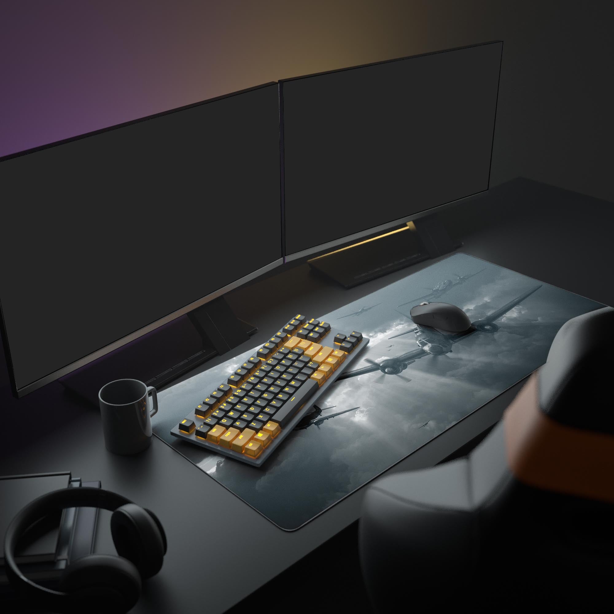 Large WW2 planes desk mat shown in a full office setup with dual monitors, headphones, and a mechanical keyboard. - Epic Design Pads