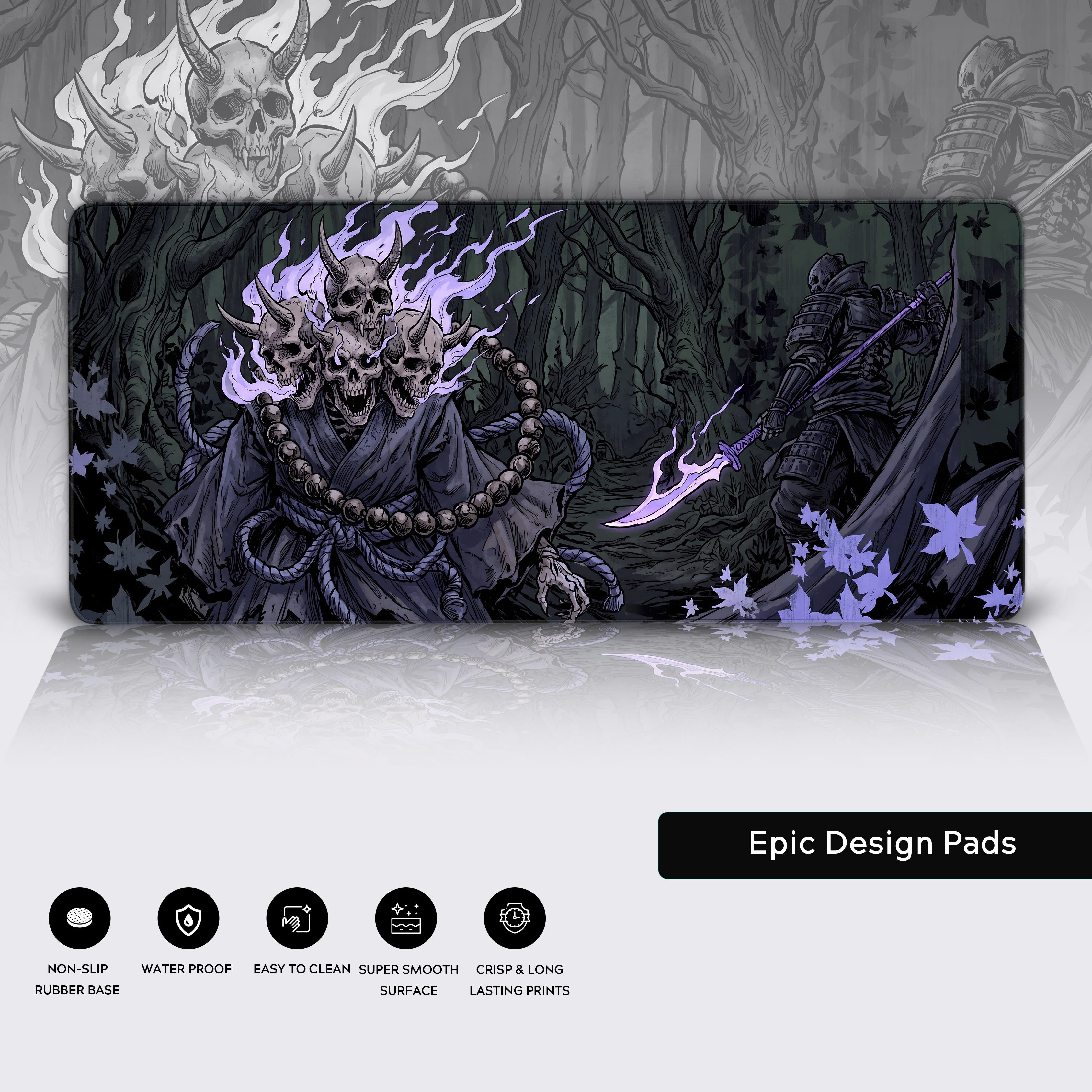 Epic Design Pads dark fantasy desk mat showcasing feature icons for non-slip rubber base, waterproof surface, and crisp long-lasting prints.
