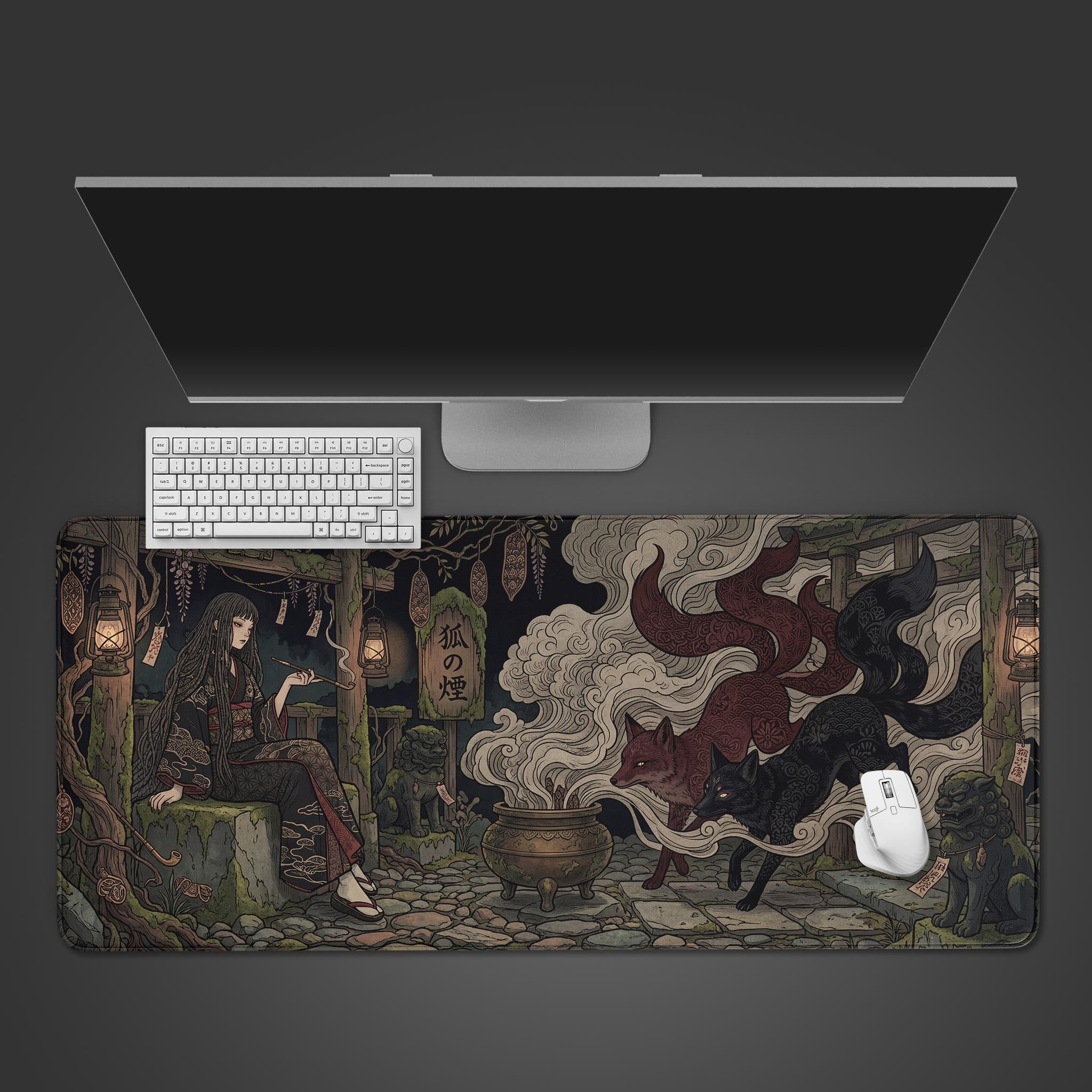 Top-down view of the Yokai Incense gaming desk mat featuring Japanese kitsune art, shown with a white keyboard and mouse on a dark grey surface. - Epic Design Pads & Mousepads