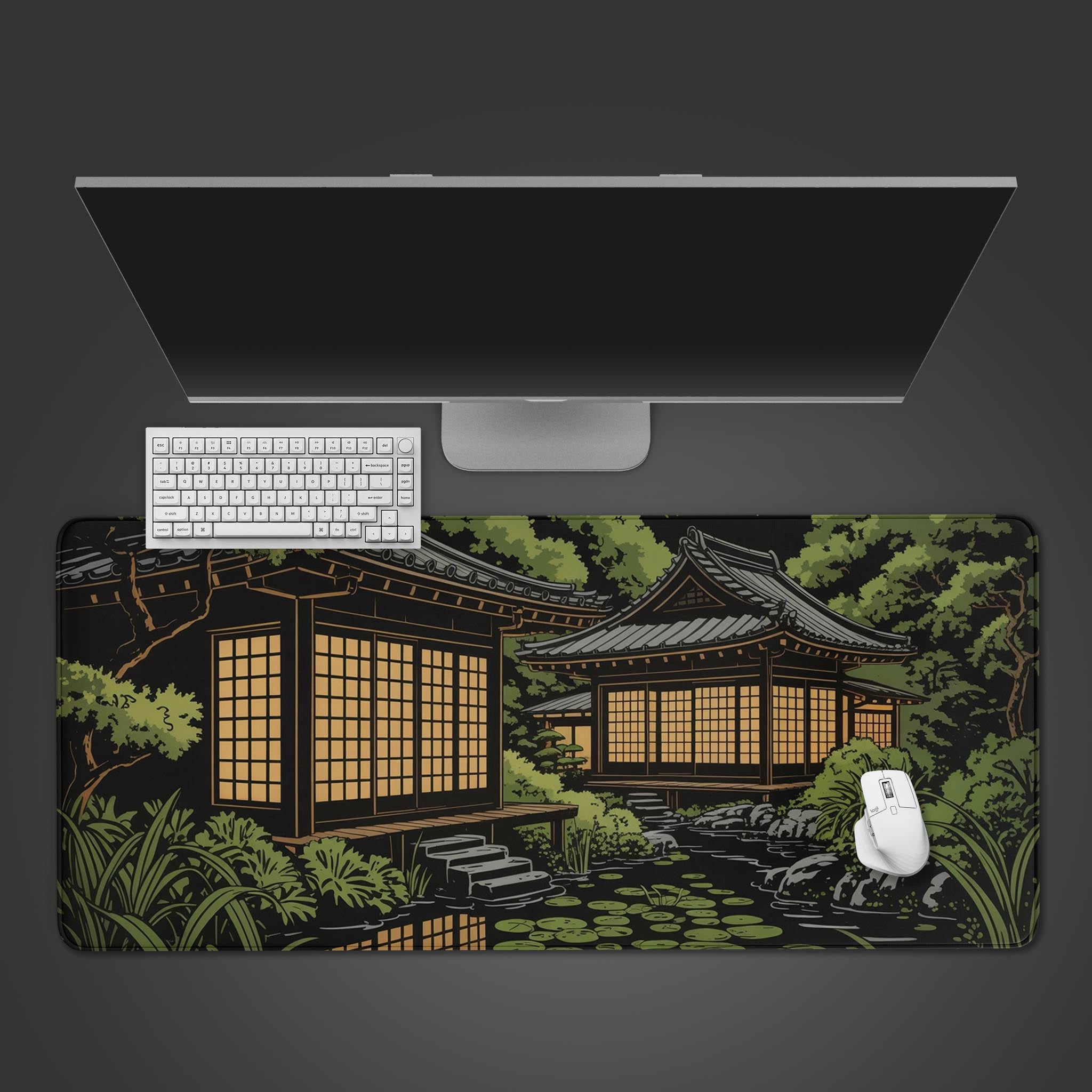 Zen Garden desk mat with traditional Japanese night scene – desktop view with keyboard and mouse. - Epic Design Pads