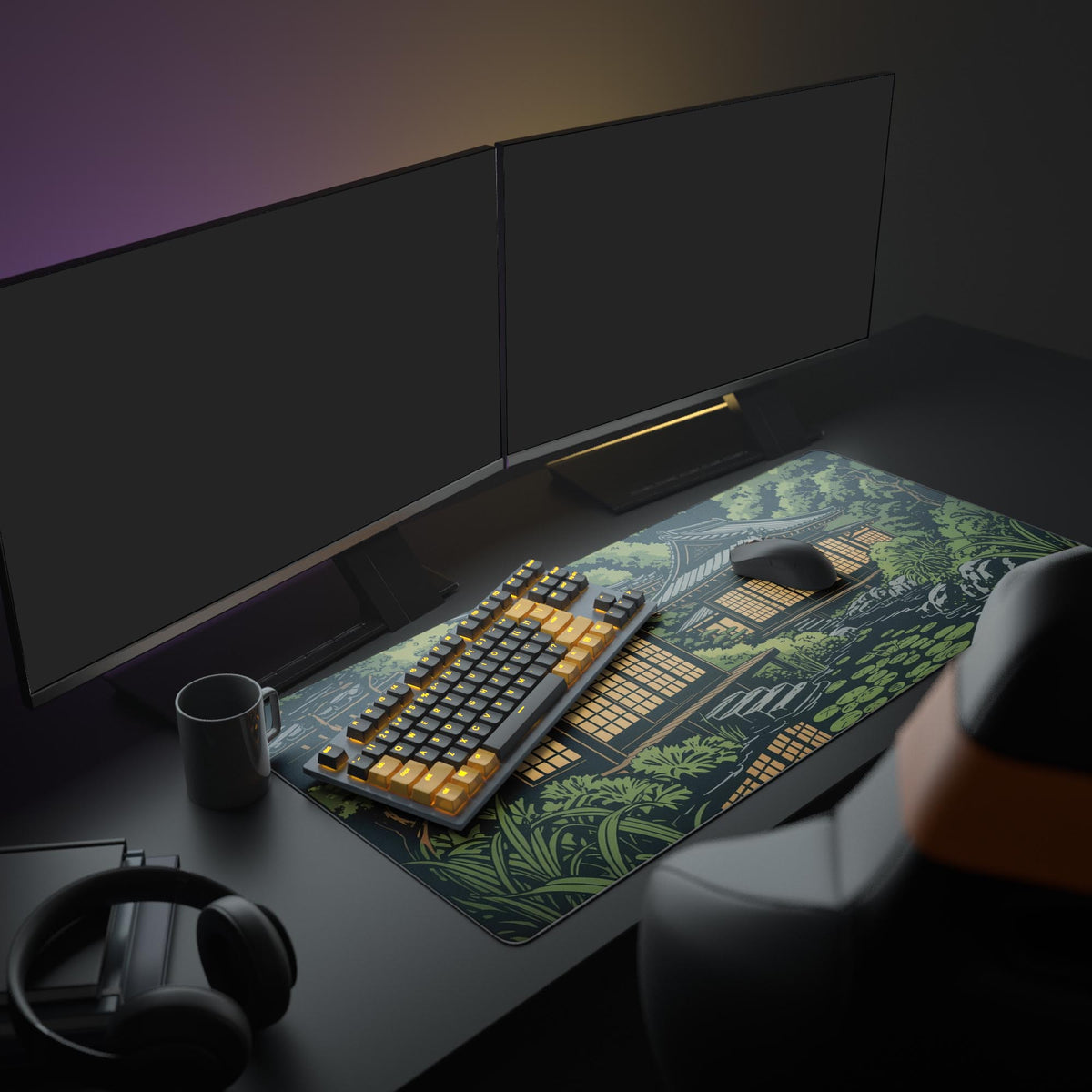 Serene Japanese garden desk mat – shown in office setup with dual monitors and organizer. - Epic Design Pads