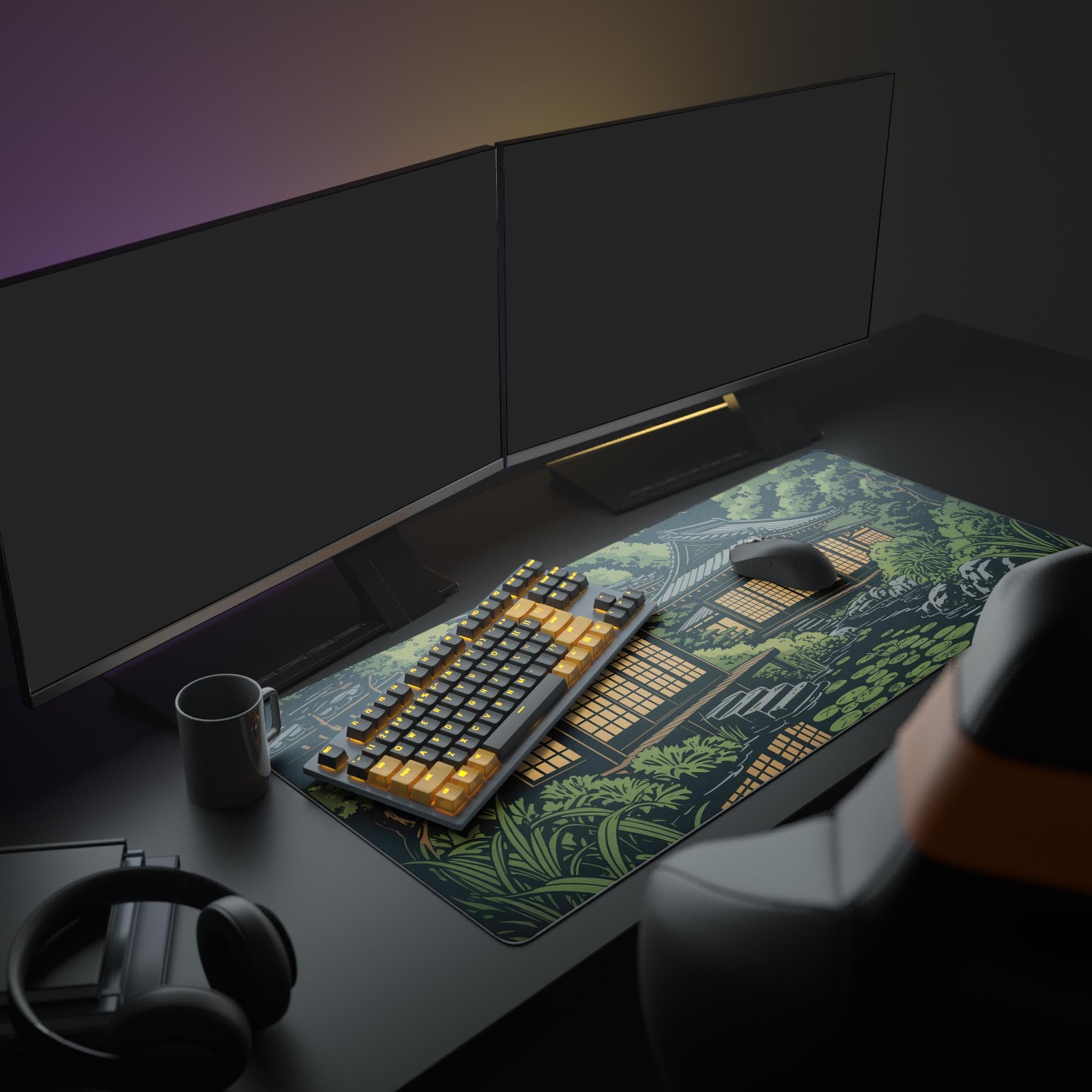 Serene Japanese garden desk mat – shown in office setup with dual monitors and organizer. - Epic Design Pads