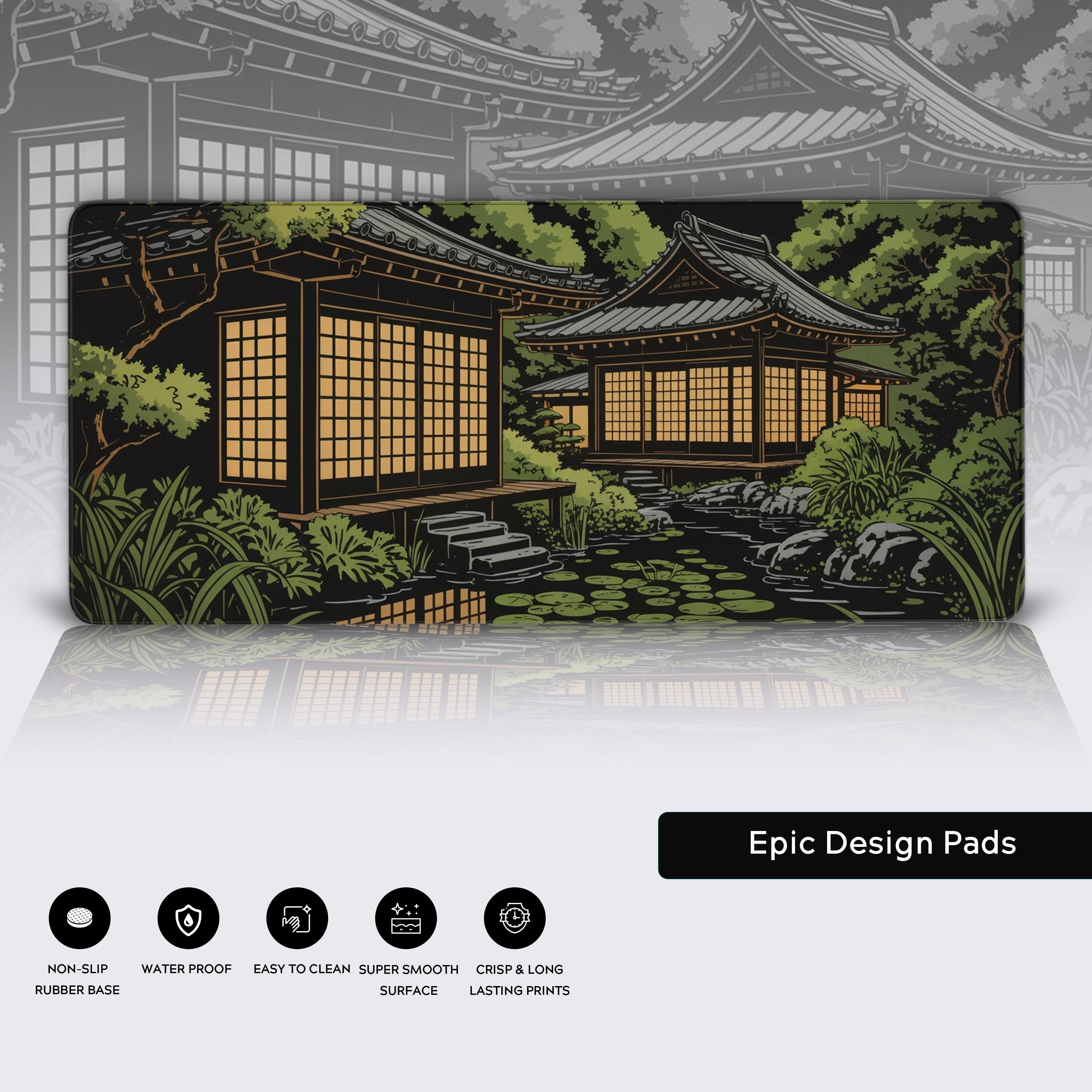 Japanese garden desk mat with at night design – desk pad with non-slip base and water-resistant surface. - Epic Design Pads