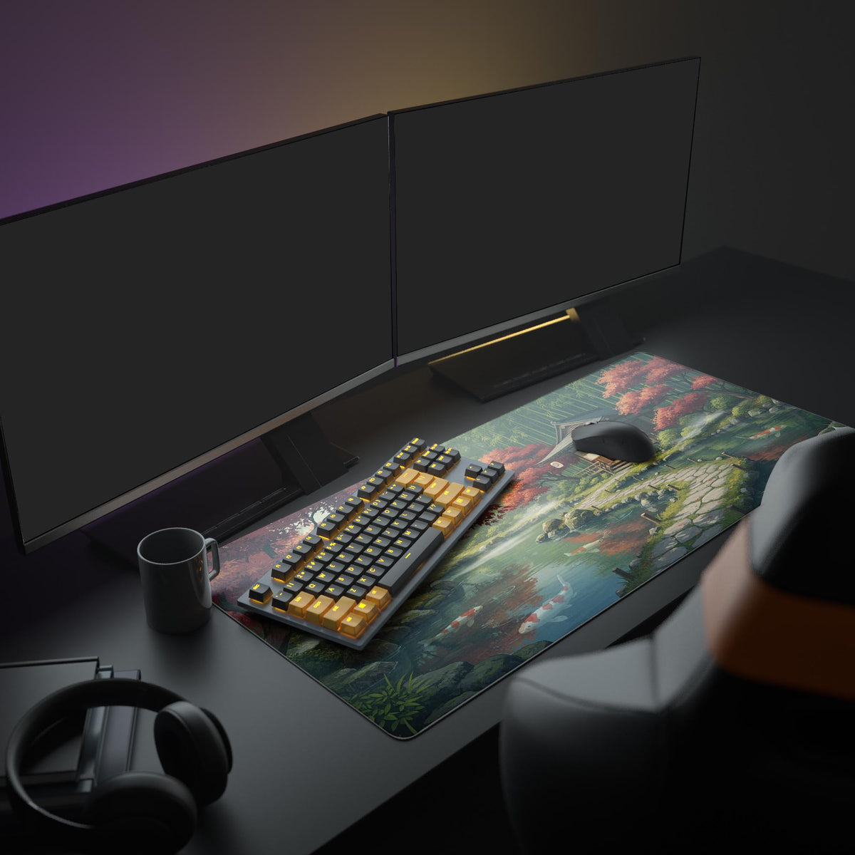 Large Japanese desk mat with Zen Sanctuary art – shown in a peaceful office setup with dual monitors and headphones. - Epic Design Pads