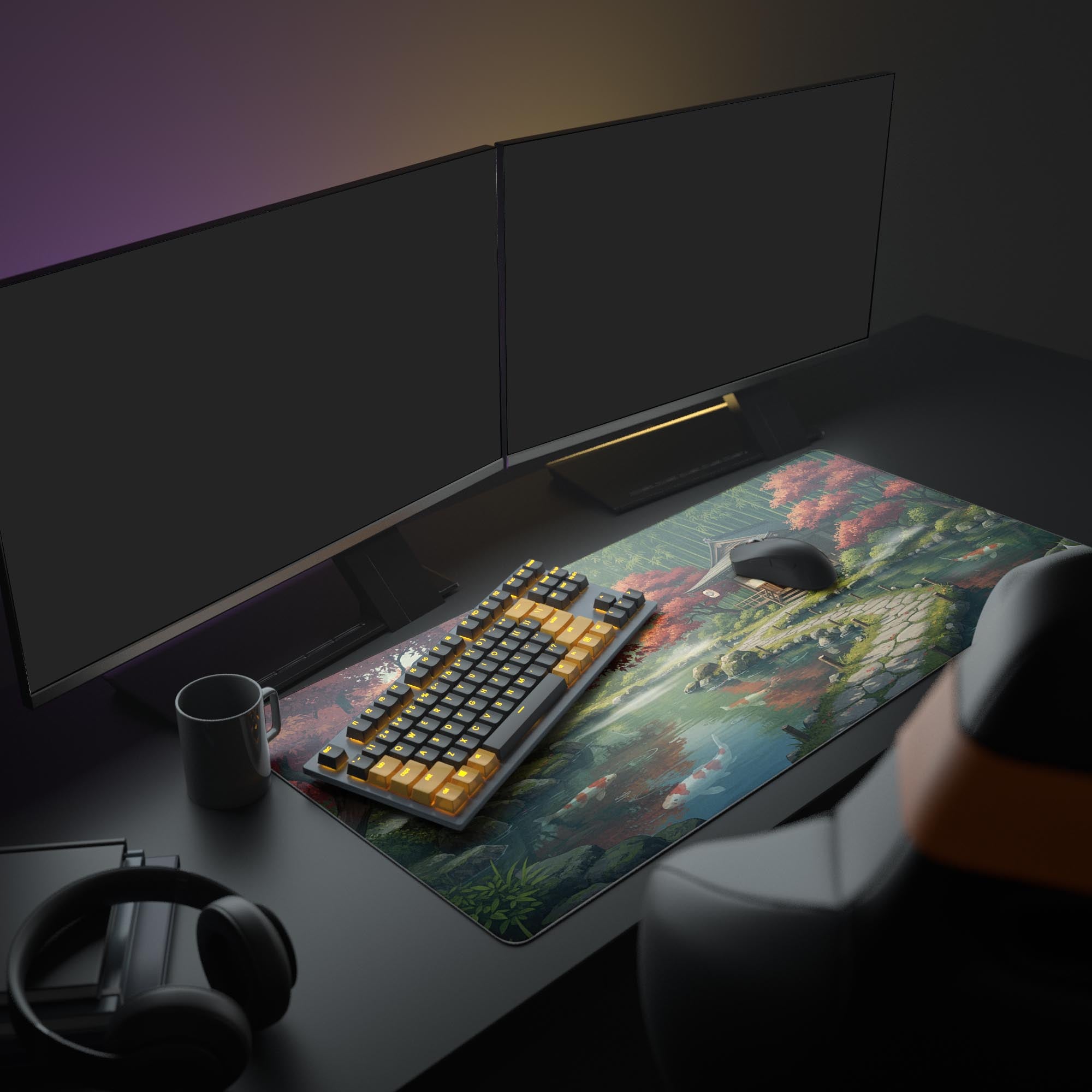 Large Japanese desk mat with Zen Sanctuary art – shown in a peaceful office setup with dual monitors and headphones. - Epic Design Pads