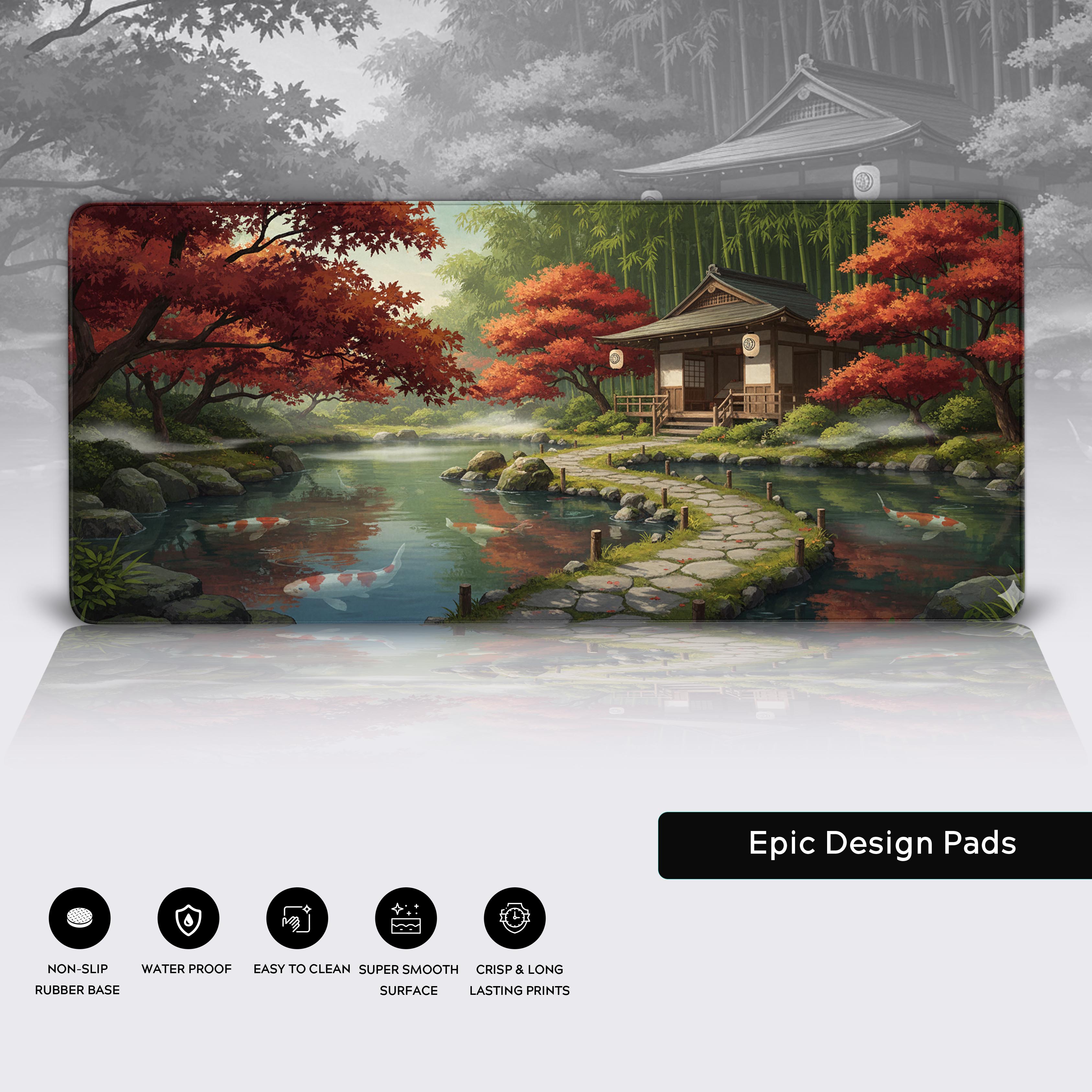 Japanese Zen Sanctuary desk mat – extended mouse pad showcasing the durable stitched edges and a stable non-slip rubber base. - Epic Design Pads