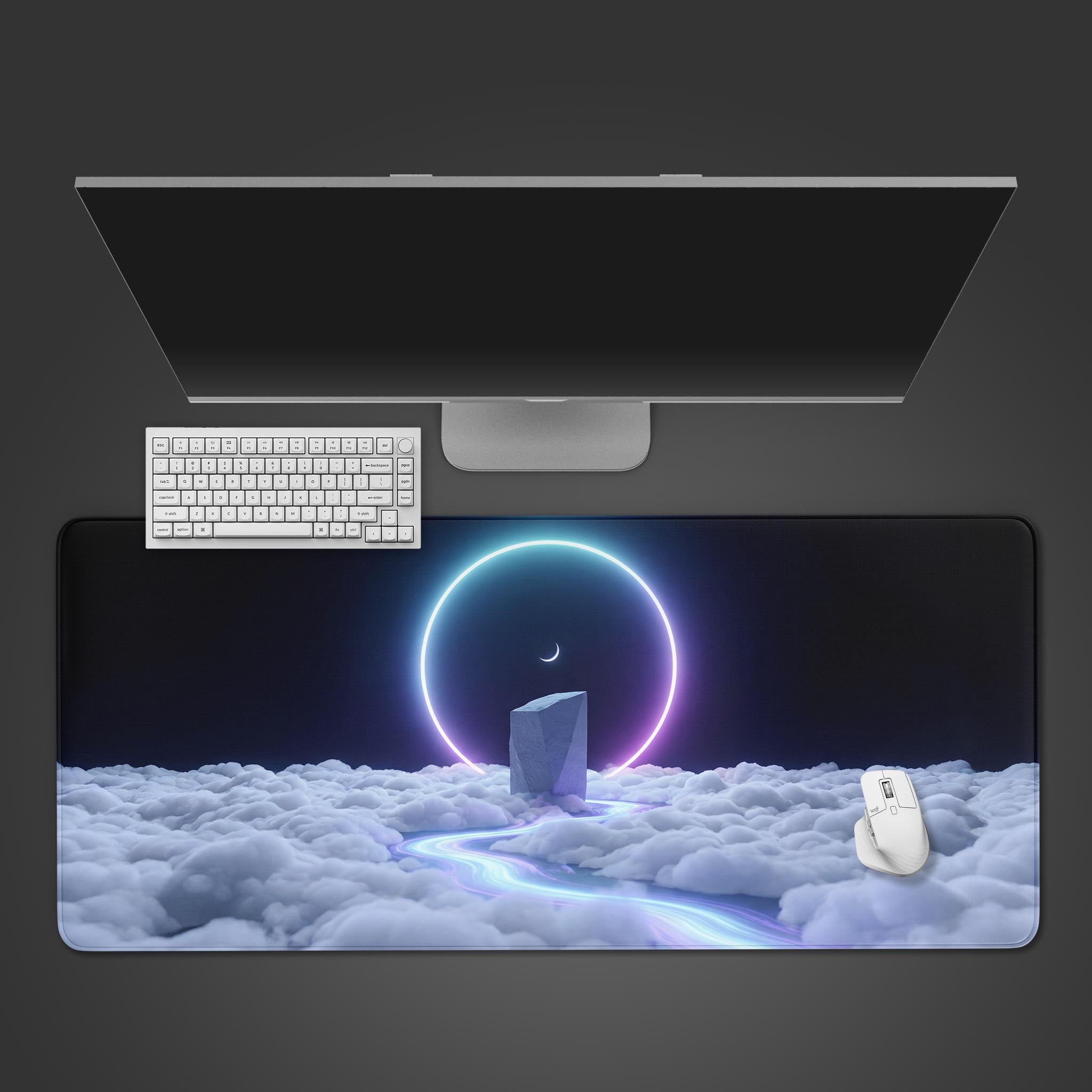 The Zenith Portal gaming desk mat viewed from above with a white keyboard and mouse, featuring its surreal neon portal over a sea of clouds design. - Epic Design Pads & Mousepads