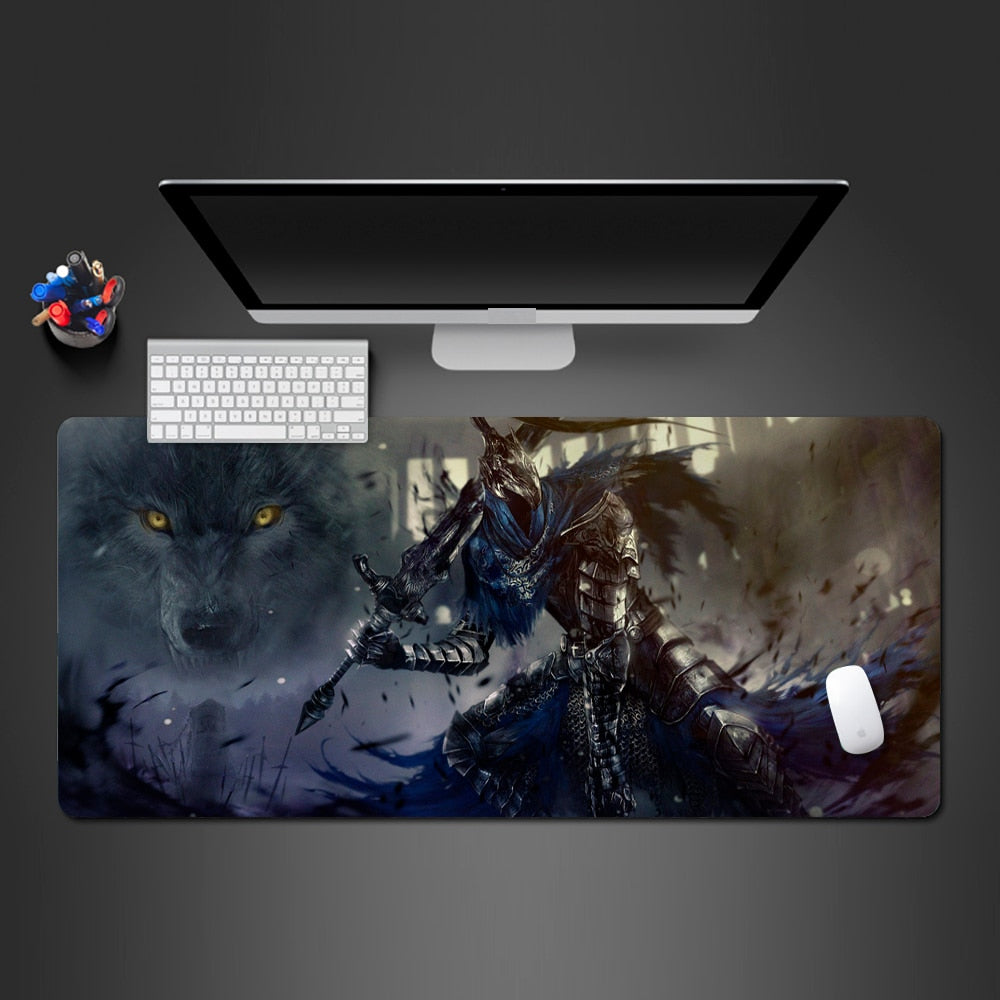 dark wolf knight gaming mousepad, wolf large gaming desk mat, dark night design for desk mat, desk mat with dark wolf design, high quality rubber washable mouse mat game computer gamer desk