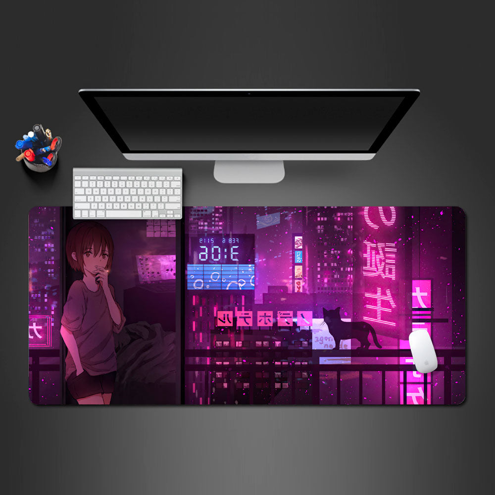 anime girl cyberpunk gaming desk pad, anime girl mouse pad, cute girl anime large mouse pad, XXL anime girl keyboard and mouse mat