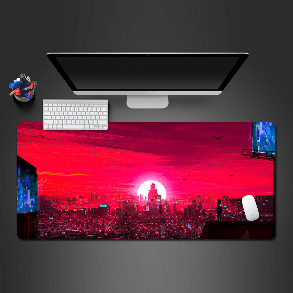 a man standing on top of a building gaming mousepad, alone desk mat, alone cyberpunk gaming mousepad, high quality best selling deskpad 
